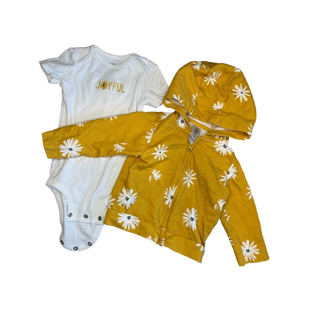 Zip up hoodie with matching onsie. White flower print. Size 12 months.